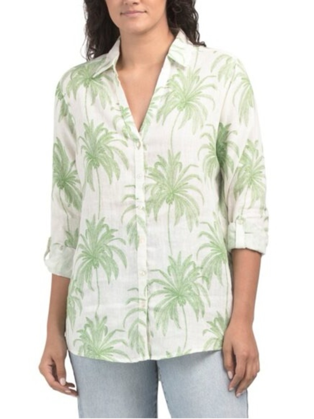 Tahari  100% Linen Blouse Women's Size Large White Green Palm Trees Tunic